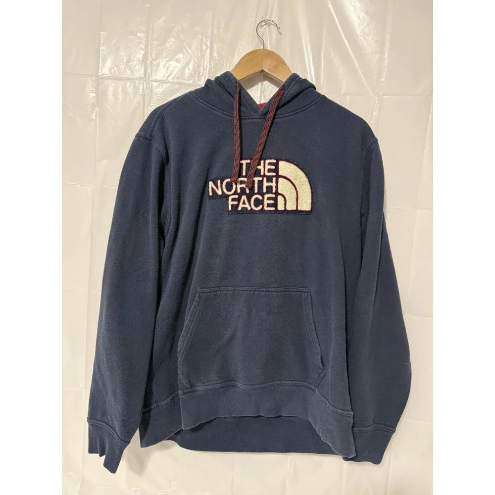 The North Face Mens Large Hoodie Navy Blue Burgundy Chenille Logo Pullover L